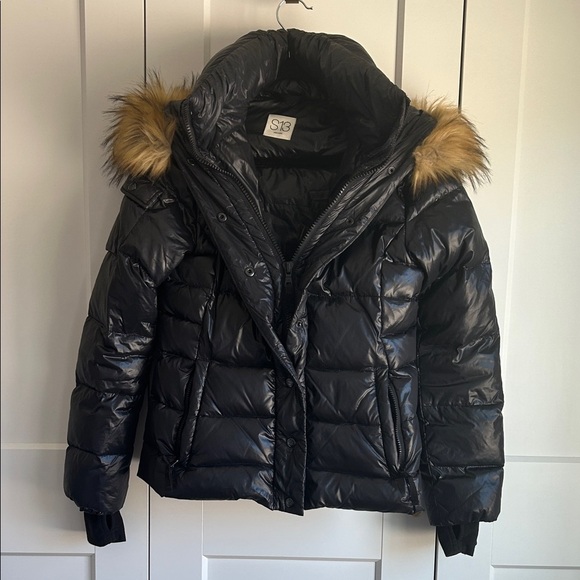 S13 Down/Feather Gloss Faux Fur Trimmed Puffer Coat Jacket Black | M - Picture 3 of 7